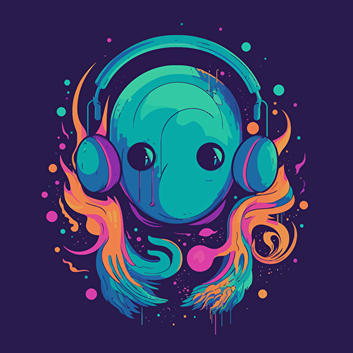 a little headphones creature from another universe, illustration, logo design, vector, triadic colours, simple