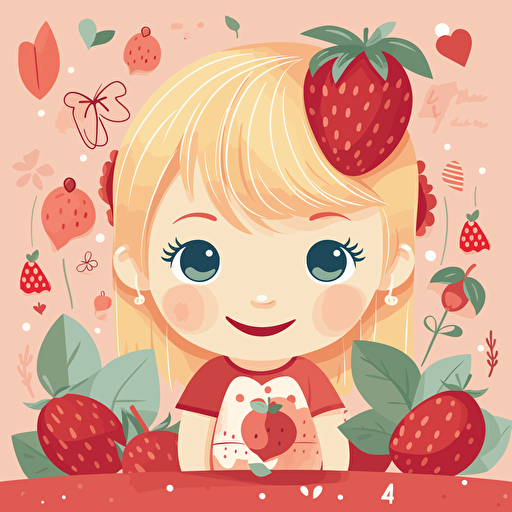 cute vector art illustration for a kids birthday party invitation with a strawberry theme, 1 year old girl with blond hair and blue eyes, 1st Birthday Party, happy mood, cute style, Vivid_Red, Light_Red