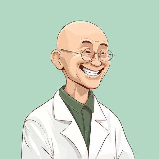 a chinese bald man, as a chemist, with a big smile in his face, cartoon, vector, 2d art