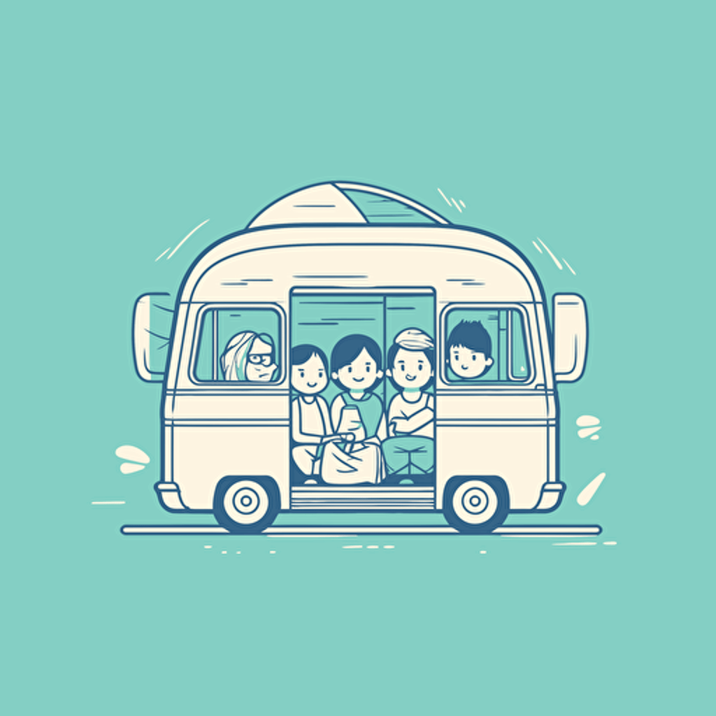 very simple line illustration of a family travelling inside the front cabin of a campervan, simplistic vector art style