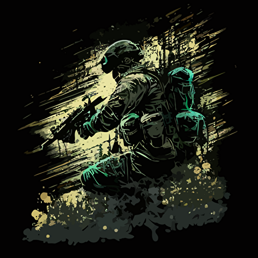 cod soldier shot at his back, bended body, dark background, vector