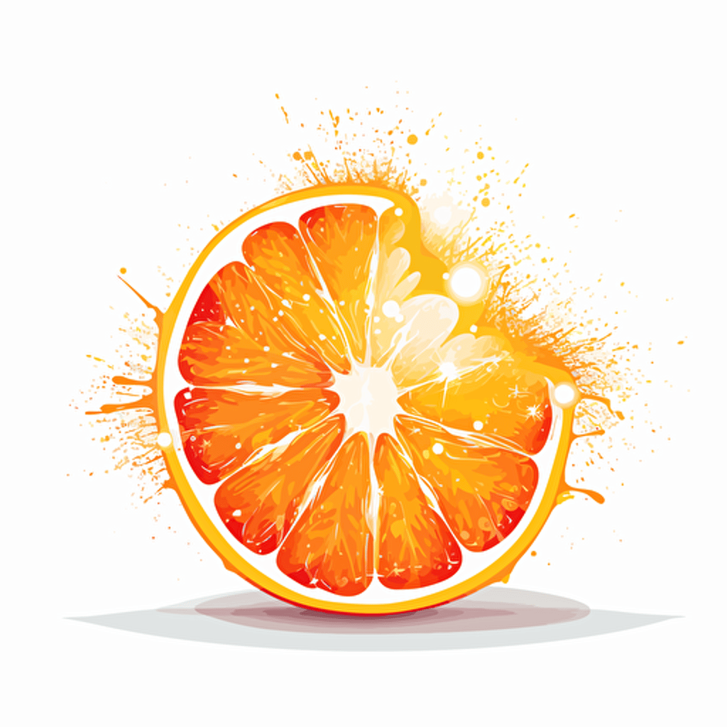 an orange cut in half glowing radioactively + vector drawing + brilliant colors + flat white background