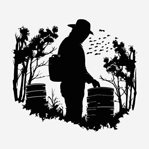 beekeeper taking care of his hives, silhouette, vector-like, 4:3, hd black on white backround