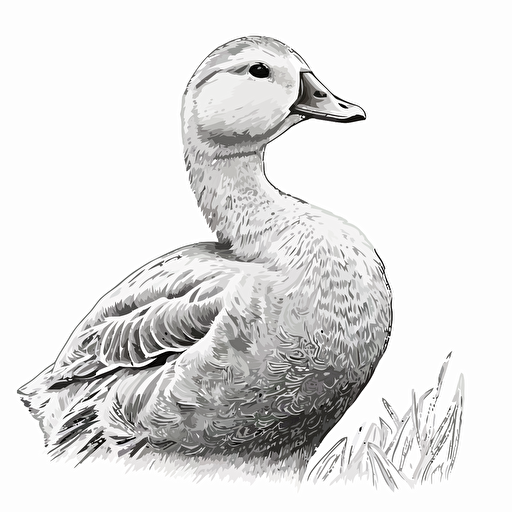 close up of clumbsy duck, on farm, in style of Gabriel Schama, black and white, flat, vector, line drawling, white background ar 1:1