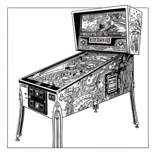 1980ies pinball machine, front view, vector art, detailed, black on white background, in the illustration style of jim phillips,