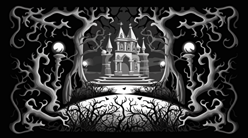 rug design for a spooky mansion, vector, black and white, bordered, fill frame