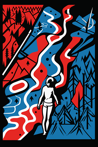 hiking map, simple geometrical shapes, blue, red and white colors, pop art deco illustration, hand vector art, black background,