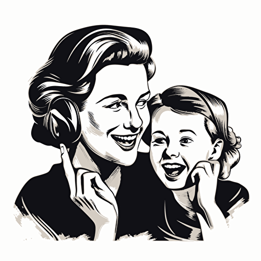 vector image of a laughing out loud mother and laughing out loud child sharing a secret whisper in ear, logo art, brand logo, black and white, no background,