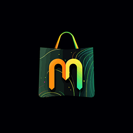 a logo with green and yellow colors using minimalist elements such as a shopping bag, in addition, a letter C and a letter M as a name. The logo is made in 2D vectors and is on a black background.