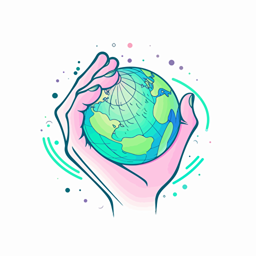 lined vector logo, earth in a hand, blue, green and pink