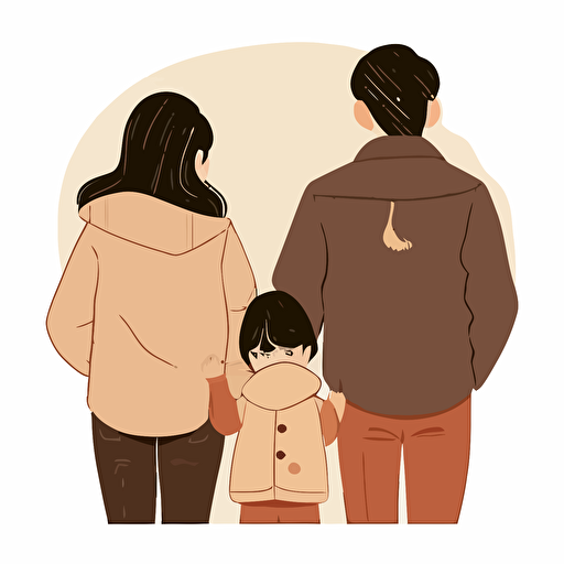 Father and mother, a child, back, whole body, vector illustration, parents holding the child, parents looking at the child, warmth, joy, Asian, home clothes