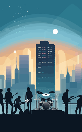 simple vector design, of a band performing on the big stage in teh city