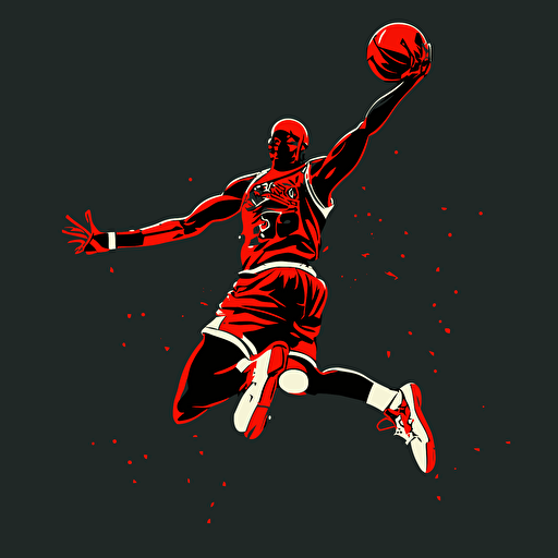 Michael Jordan flying in the air with a basketball, black red background, 2d illustration, ink, detailed facial expression, vector art