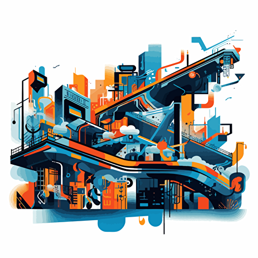 a vector image of a community building bridges, urban, blue and orange and dark gray, graffiti style