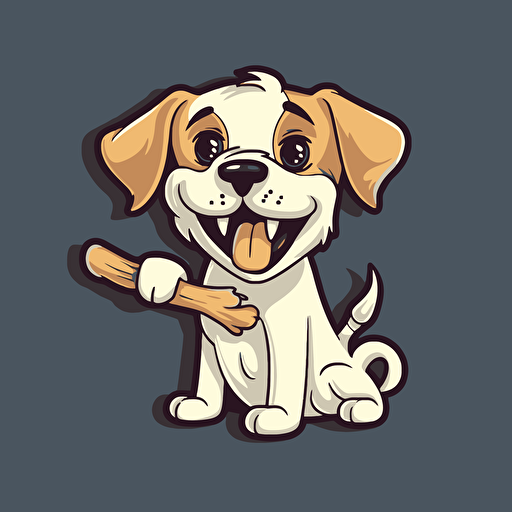 cartoon dog hold bone, lovable, wagging tail, Artwork, vector illustration, sticker