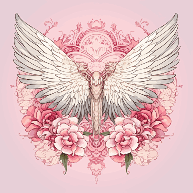 Illustration, one big pair of white angel wings, no body, just the wings, pink flowers outside the wings, simle mandala background, waterhouse style, vector