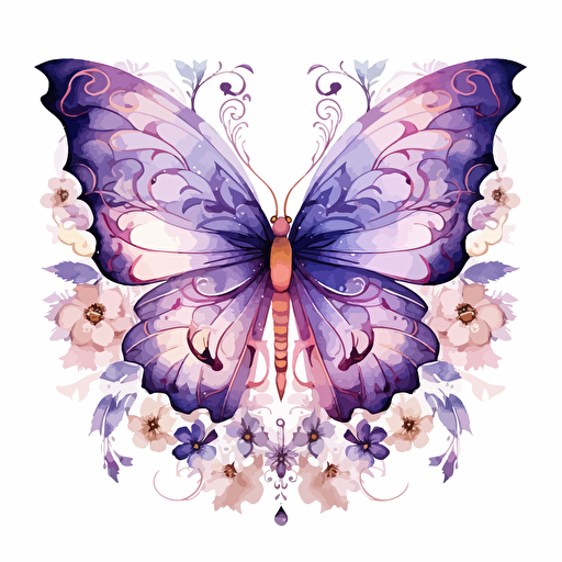 whimsical floral butterfly design in Puple, watercolor, detailed, vector