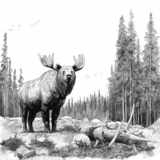 Grizzly bear pretending to be an Elk, Black and white illustration : : vector style