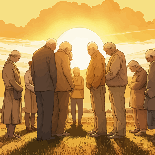 *WIDE ANGLE shot. A warm sunny summer day nearing sunset as background, Vector art, softly colored. a small group of elderly modern day Christians have gathered casually to pray with a old bald guy in the middle. They are huddled together praying with heads bowed and holding each other's hands facing the horizon. angel spirit hovers above them.