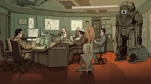 Vector color illustration in retrofuturist style in landscape format, the illustration shows a cabinet room. 10 people are sitting around a long work table on which many work files are placed. A small friendly robot brings in its arms big files. Atmosphere in the style of metropolis of friz lang, and 1984 of George Orwell.