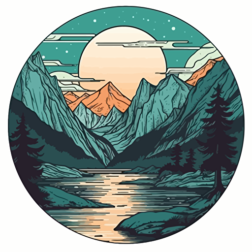 sticker retro style color of the Glacier Bay National Park, contour, round, outline, vector, white offset background
