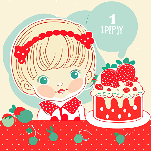 vector art illustration for an invitation to a first birthday party, strawberry theme, a girl with short, beige hair, DeepSkyBlue eyes, happy mood, cute style, Light_Red, white background