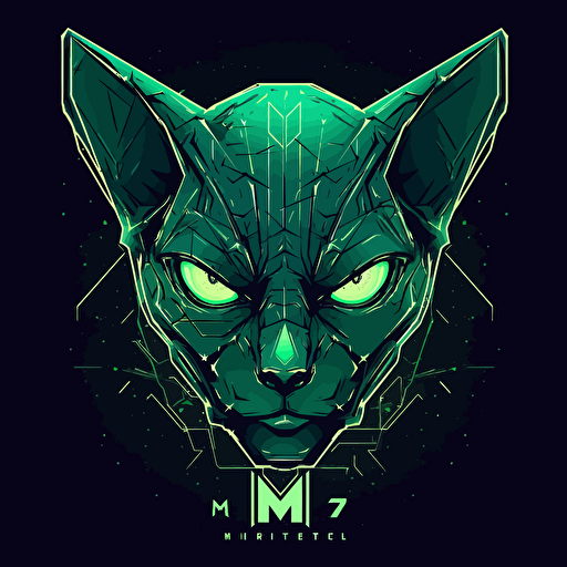 Logo, Menacing, Letter M, Mecha Cat, Sphynx, Green Glowing Eyes, Big Ears, Triangle Base, Vector Style,