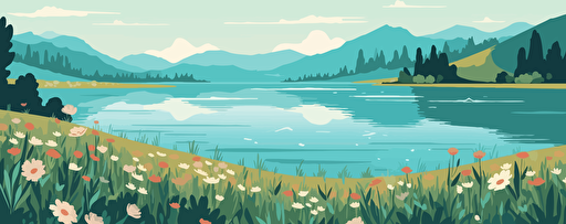 Cartoon flat panorama of spring summer beautiful nature, green grasslands meadow with flowers, forest, scenic blue lake, mountains on horizon background, mountain lake landscape vector illustration, limit colors, vector stylet, flat colors, minimal, svg style, no gradient