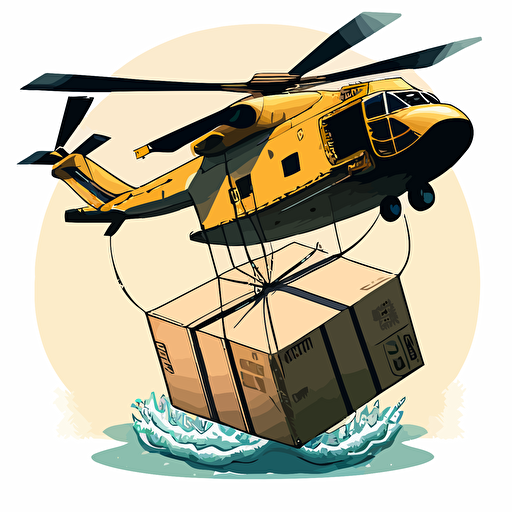 vector drawing of helicopter delivering amazon package from slung rope in a warzone