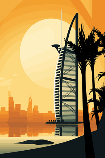 burj al arab, vector art, wistful, 1960s, sunset dubai marina backdrop,