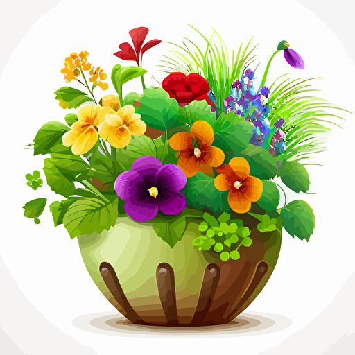 create a green planter full of amazingly colorful flowers vector style on white background