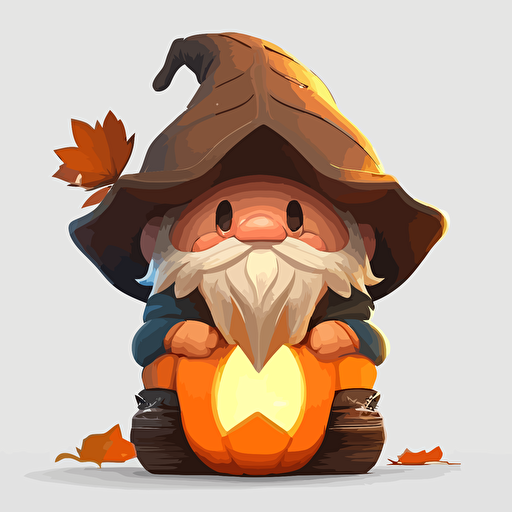 cute garden gnome sitting on a pumpkin, glow, backgroundless,white background,2d,vector,asset,props,sprite ,cartoon,toon,Dofus