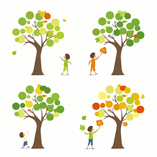 Vector tree, each leave has a different shape, 5 branches, flat design, 2d, white background, minimalistic design, a child is playing under the tree,