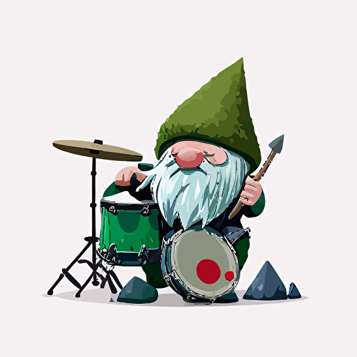 cartoon lawn gnome playing drums in a rock band, vinyl sticker, white background, flat, vector, no text