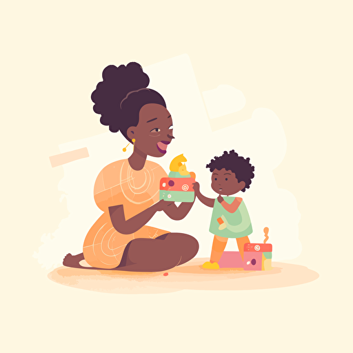 black mom and toddler play together, pastel, vector style, behance