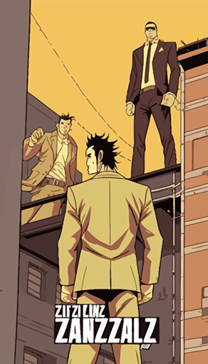 a rooftop where two yakuza gangster holding a man headfirst over the edge of the bulding threatening to let him fall, yakuza, manga comic style, simple vector illustration, flat design, cover, simple city background