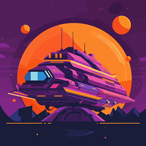 massive spaceship preparing for a warp, planets, 2D, vector, flat art, fedex purple and orange