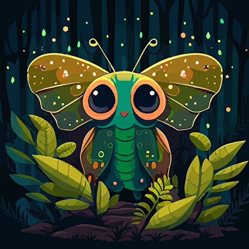 comet moth with big eyes, in a night forest, kawaii, vector illustration, vivid color, cartoon design,