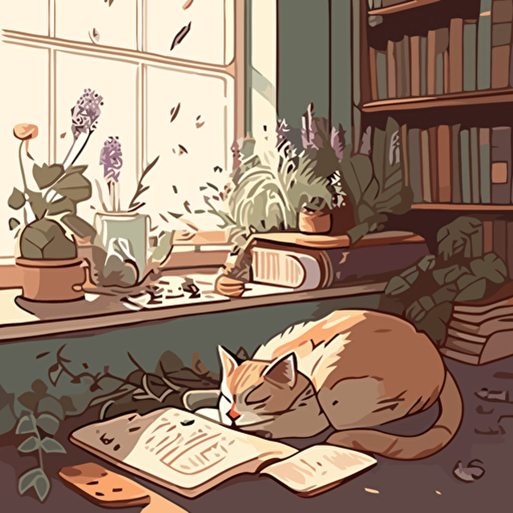 neutral colors, english country cottage style room with small stack if books, sprigs of herbs and flowers resting in the foreground, small cat sleeping in a cute pose near the books, nick-nacks positioned near-by, bookmark, contour, vector