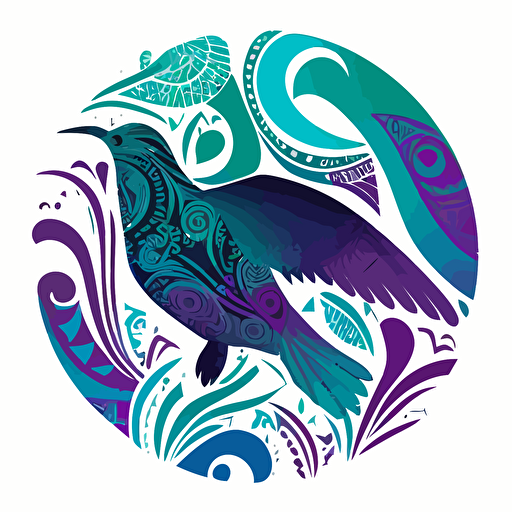 a petrel covered in aboriginal and Māori designs, in teal, purple and blues on a white background in a circle. Vector style.