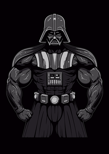 Darth Vader bodybuilder, minimalist logo, black background, 2D flat vector, standing in a powerful pose