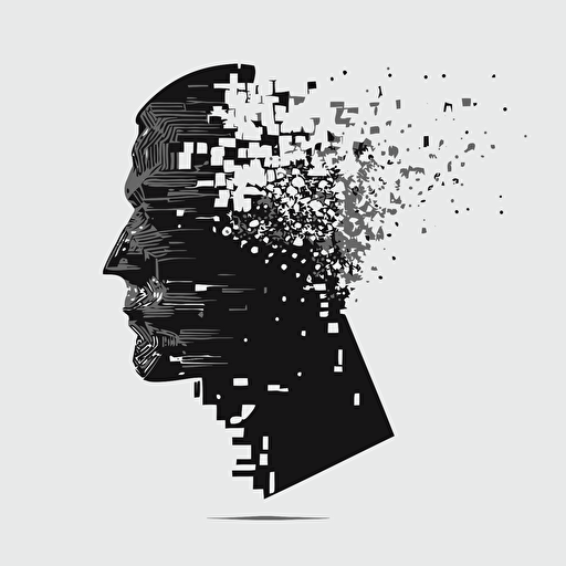 vector art , flat design, black and white , a minimalistic human head that is dissolving into pixels
