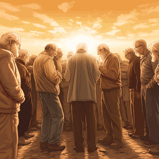 WIDE ANGLE shot. A warm sunny summer day nearing sunset as background, Vector art, softly colored. a small group of elderly modern day Christians have gathered casually to pray with a old bald guy in the middle. They are huddled together praying with heads bowed and holding each other's hands facing the horizon. angel spirit hovers above them.