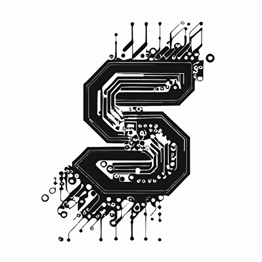 letter S, logo, digital, circuitry, minimalist, hi-tech, future tech, vector, black and white