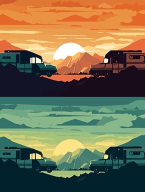 Motorhome Mountain Background Sunset Printable Colors Orange Blue Beige Green Purple No Watermark Vector