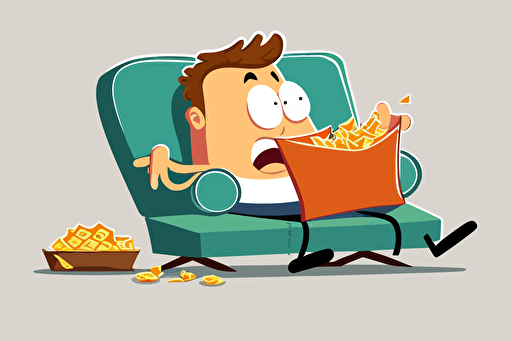 a funny cartoon vector on a white background of a man very comfortable lying on a sofa eating a packet of crisps