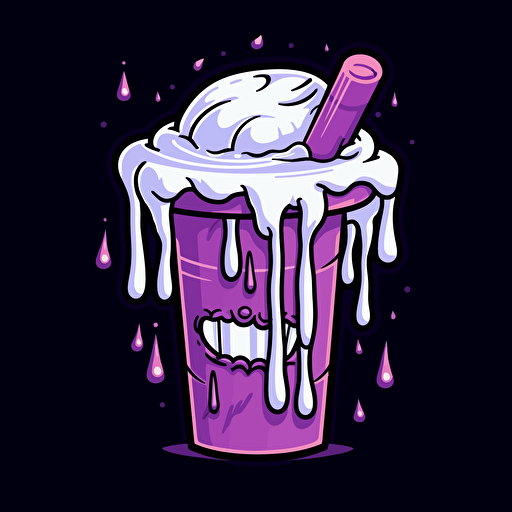 a drippy vector design of a white styrofoam cup dripping purple syrup, tipped spilling purple syrup, cartoon style, sticker, black background