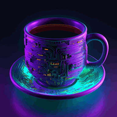 A futuristic coffee cup merging with a database disk (medium: vector art)(style: combining elements of cyberpunk aesthetics and flat design)(lighting: vibrant neon accents, emphasizing the high-tech nature of the disk)(colors: contrasting shades of dark grays and vivid neon blues, greens, and purples)(composition: a 3/4 angle perspective, captured with a wide-angle lens to give a sense of depth, placing the coffee cup-database hybrid as the central focal point)