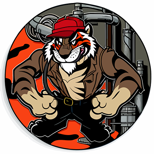 the classic Exxon tiger wearing a wide brim flat brim hard hat, industrial scene, cartoon, vector art, ultra contrast, holding a valve wrench or monkey wrench, circular sticker logo, dark, red, black, white, tiger wearing work clothes, tiger head, man body from waist up, tiger has a tough look on his face, tiger’s face and body are dirty from working in the oil industry, tiger is muscular