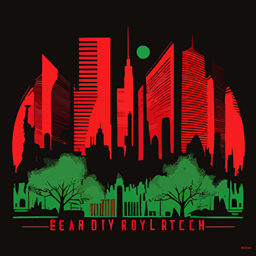 brooklyn skyline in a tribe called quest cover style, red and green on black background, vector illustrated, flat design
